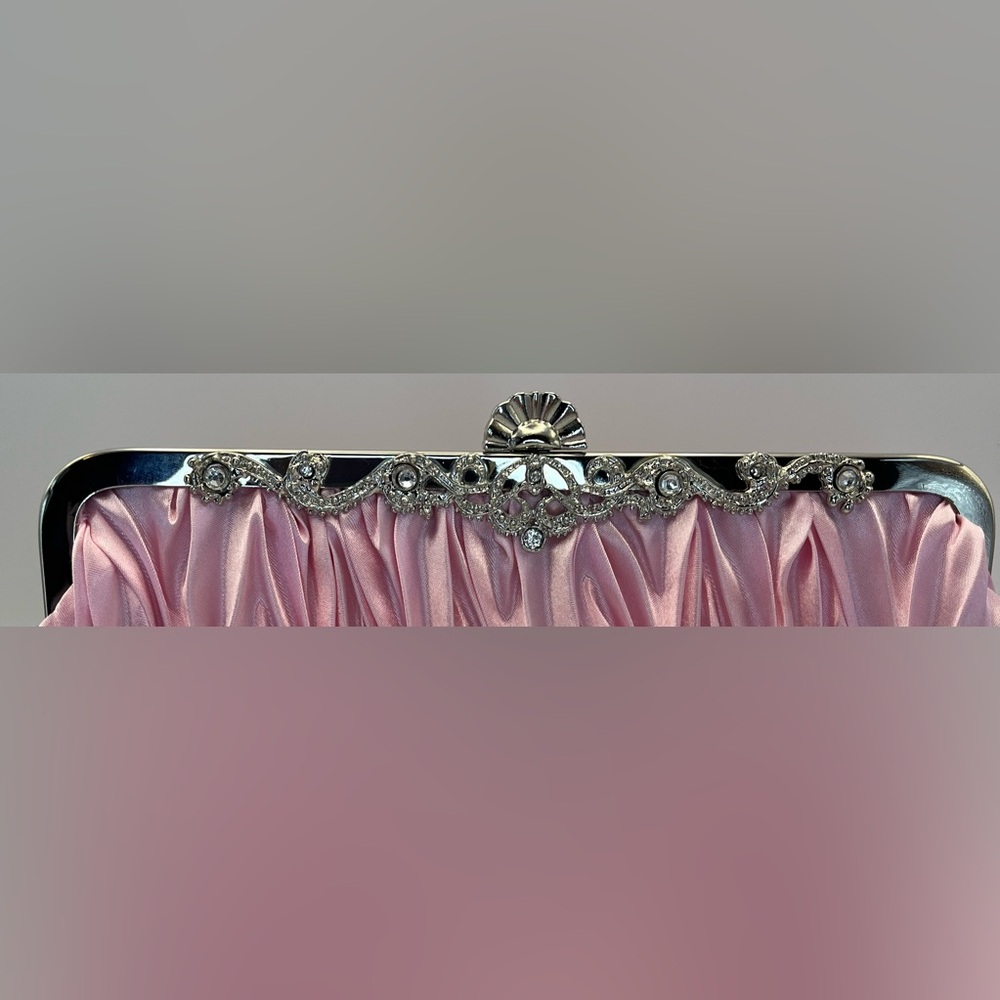 Chic Pink Satin Clutch with Silver Accents - Picture 2 of 5